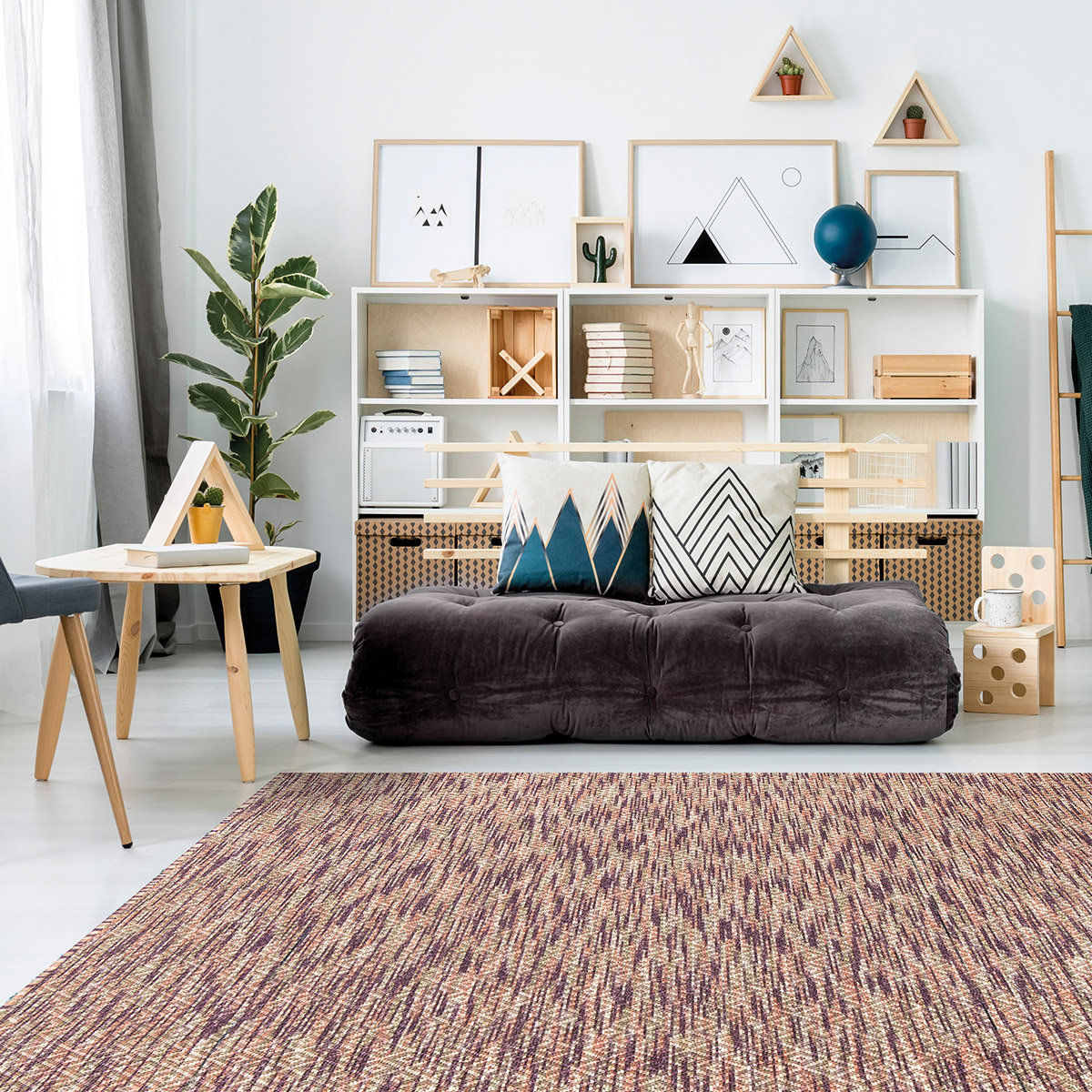 Patterned,Carpet,Near,Armchair,And,Emerald,Mattress,In,Colorful,Living