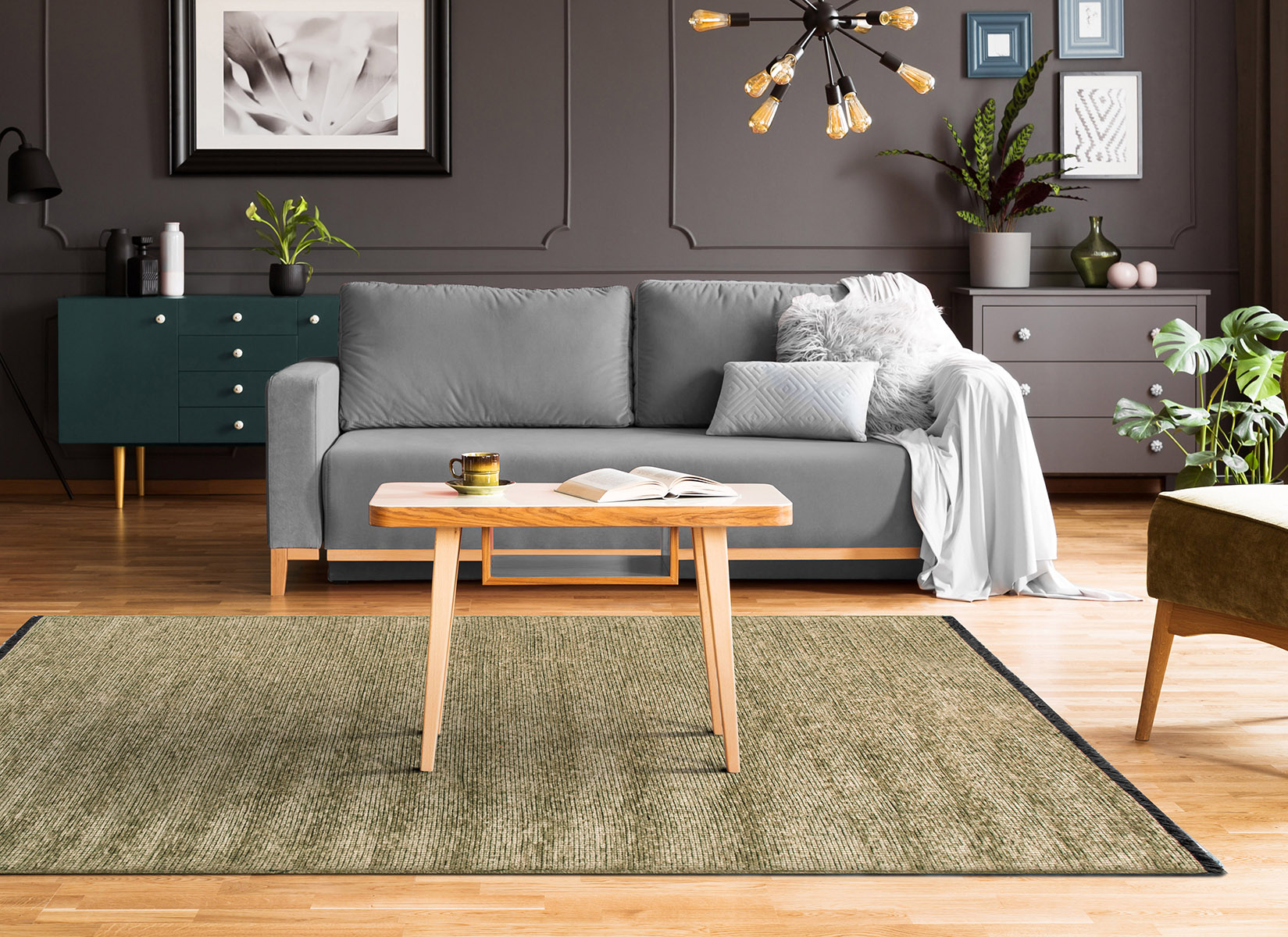 Wooden,Table,On,Blue,Carpet,In,Grey,Living,Room,Interior